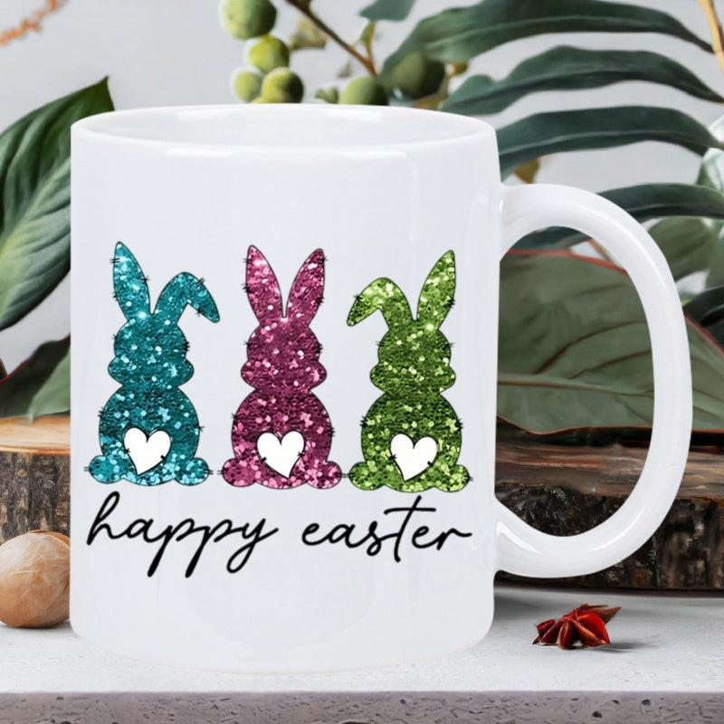 Tailorly White Ceramic 11 oz Mug - Happy Easter Three Colorful Glittering Bunny Silhouettes Featuring Little Heart Cutouts Rabbit