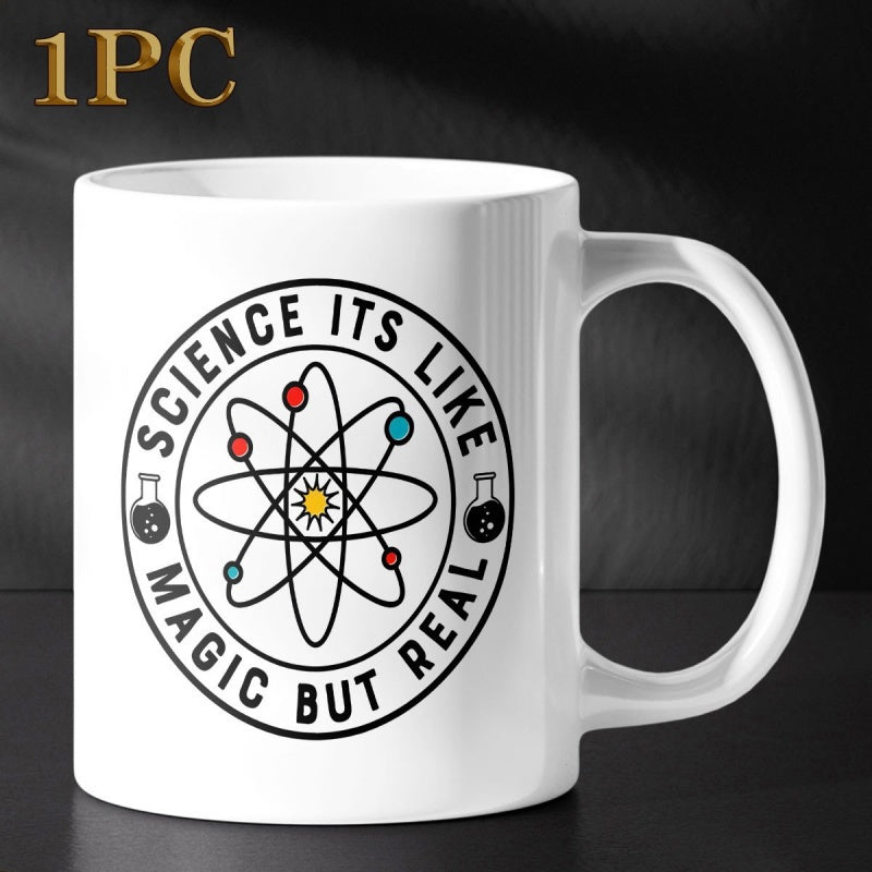 Tailorly White Ceramic 11 oz Mug - Science Its Like Magic But Real Minimalist Atomic Model Orbits Featuring Scientific Laboratory Flasks And Colorful Electrons