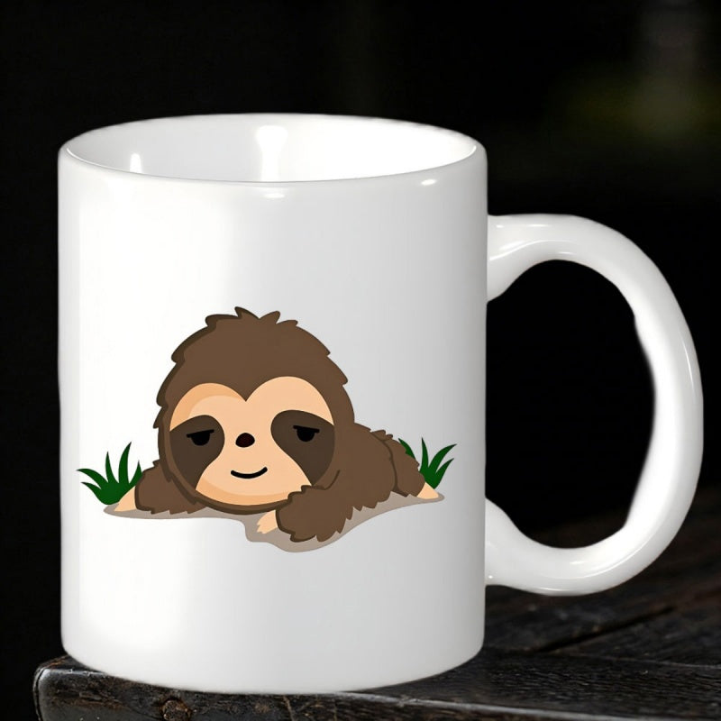 Tailorly White Ceramic 11 oz Mug - Adorable Cartoon Animal Resting Peacefully On The Ground Among Green Grass Sloth