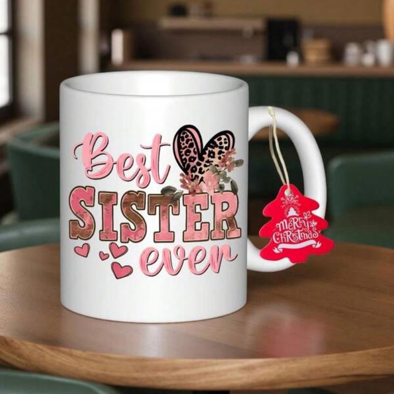 Tailorly White Ceramic 11 oz Mug - Best Sister Ever Decorative Leopard Print Heart With Floral Elements Small Hearts Mug