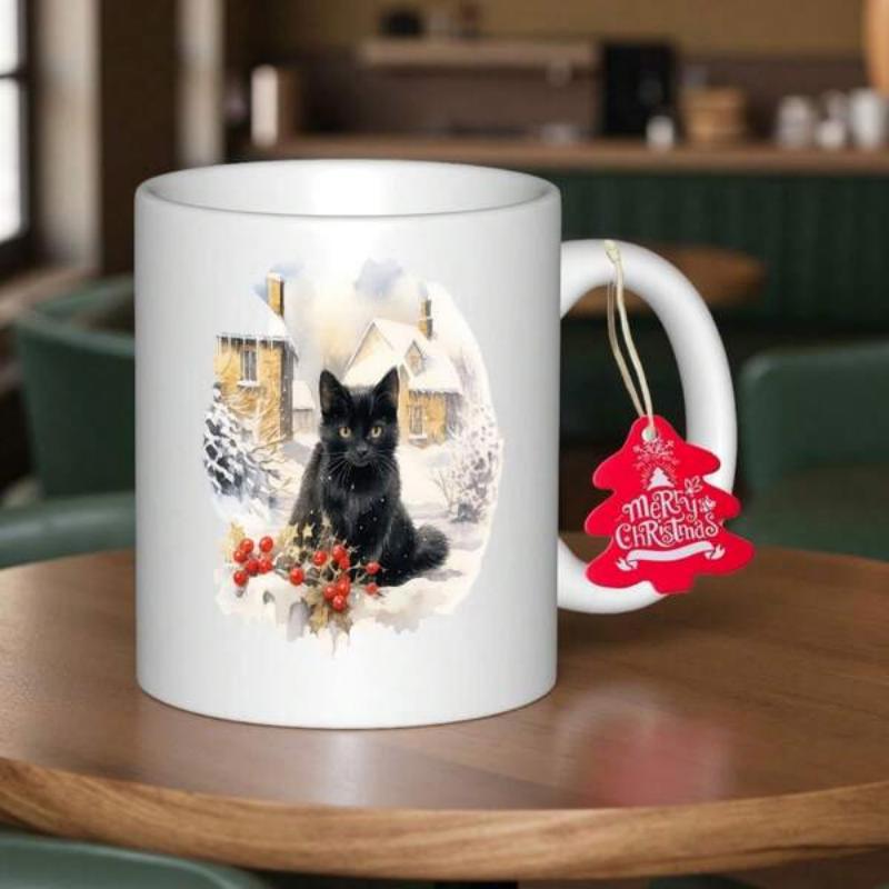 Tailorly White Ceramic 11 oz Mug - Serene Black Cat Resting In Snowy Winter Scene Near Cozy House Cat