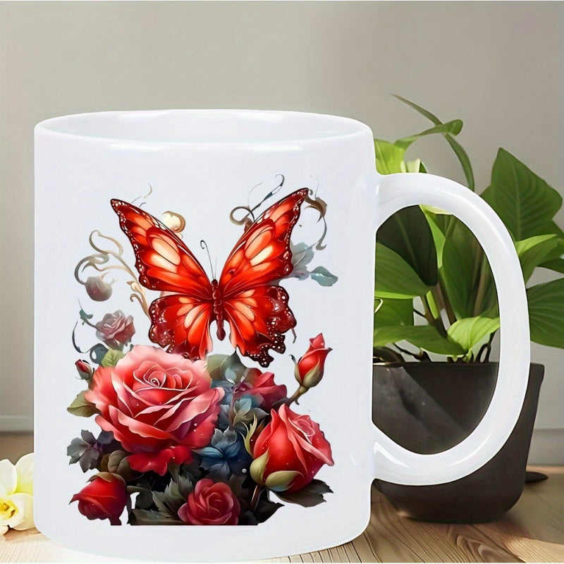 Tailorly White Ceramic 11 oz Mug - Vibrant Red Wings Hovering Over Blooming Roses Within A Lush Garden Butterfly