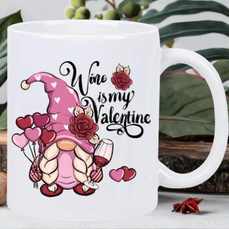Tailorly White Ceramic 11 oz Mug - Wine Is My Valentine Adorable Female Gnome Holding Wine Glass Among Pink Floating Heart Balloons Gnome