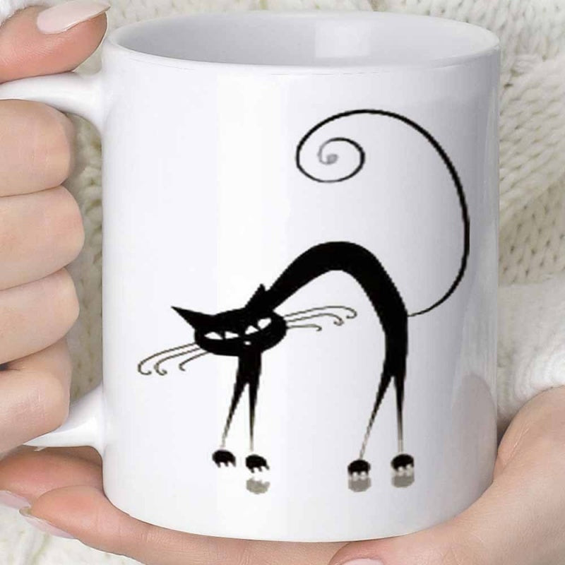 Tailorly White Ceramic 11 oz Mug - Minimalist Black Silhouette Of A Stylized Arched Back Curious Curly Tail Cat