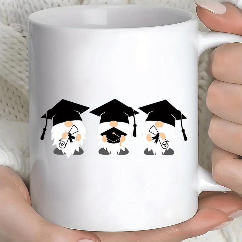 Tailorly White Ceramic 11 oz Mug - Three Charming Gnomes Wearing Mortarboard Caps Celebrating Success With Handheld Diplomas Gnome