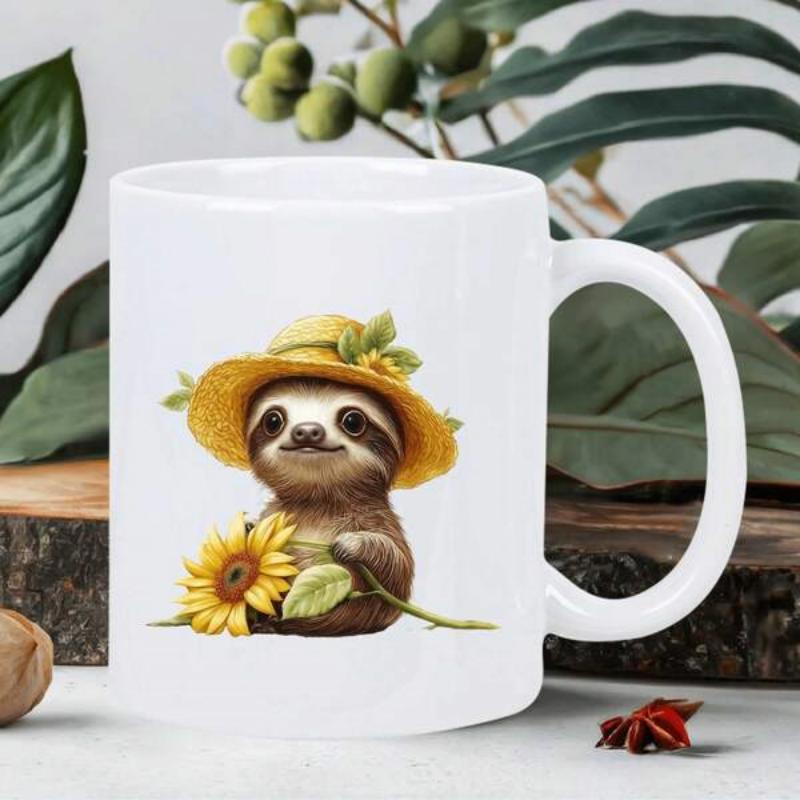 Tailorly White Ceramic 11 oz Mug - Adorable Cartoon Animal Wearing Yellow Straw Hat Holding A Golden Sunflower Sloth