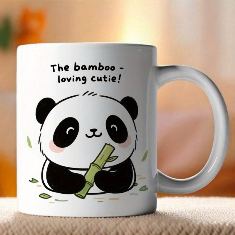 Tailorly White Ceramic 11 oz Mug - The Bamboo Loving Cutie Adorable Cartoon Style Sitting Animal Holding Green Stalk Panda