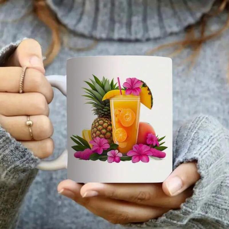 Tailorly White Ceramic 11 oz Mug - Refreshing Summer Tropical Fruits With Vibrant Pink Hibiscus Flowers Pineapple Drink