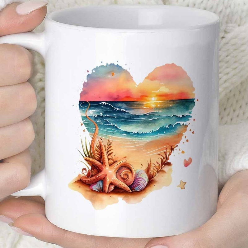 Tailorly White Ceramic 11 oz Mug - Vibrant Watercolor Sunset Waves Within A Heart Shaped Coastal Beach