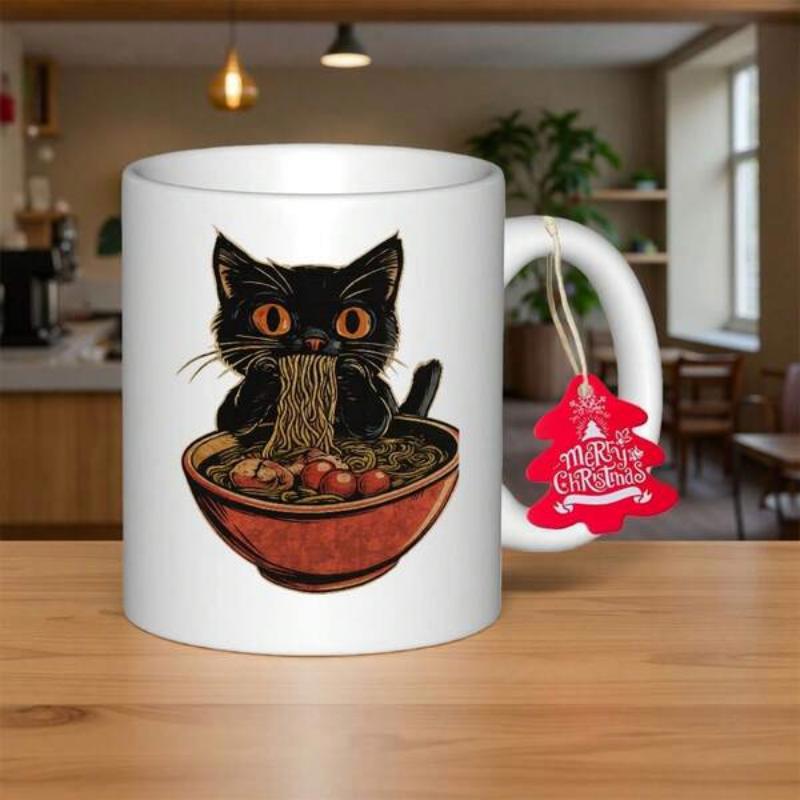 Tailorly White Ceramic 11 oz Mug - Adorable Small Black Kitten Eating Delicious Steaming Hot Japanese Ramen Cat