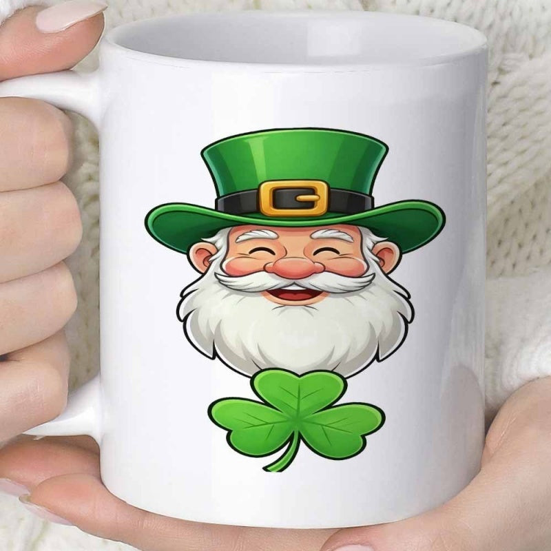 Tailorly White Ceramic 11 oz Mug - Smiling Cartoon Character Wearing Green Hat With A Shamrock Leprechaun