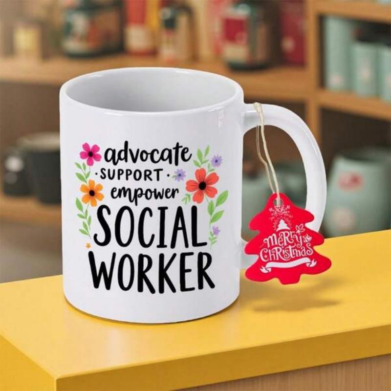 Tailorly White Ceramic 11 oz Mug - Advocate Support Empower Social Worker Merry Christmas Vibrant Blooming Blossoms Among Delicate Green Leaves Surrounding
