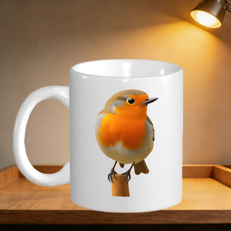Tailorly White Ceramic 11 oz Mug - Detailed Illustration Of European Bird With Red Breast Perched On Branch Robin