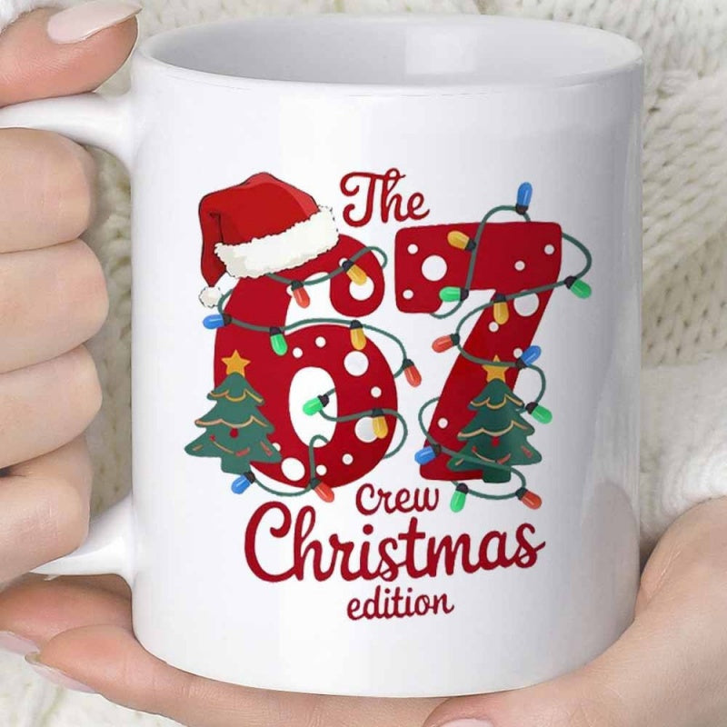 Tailorly White Ceramic 11 oz Mug - The 67 Crew Christmas Edition Festive Red Polka Dot Graphic With String Lights And Small Trees Number
