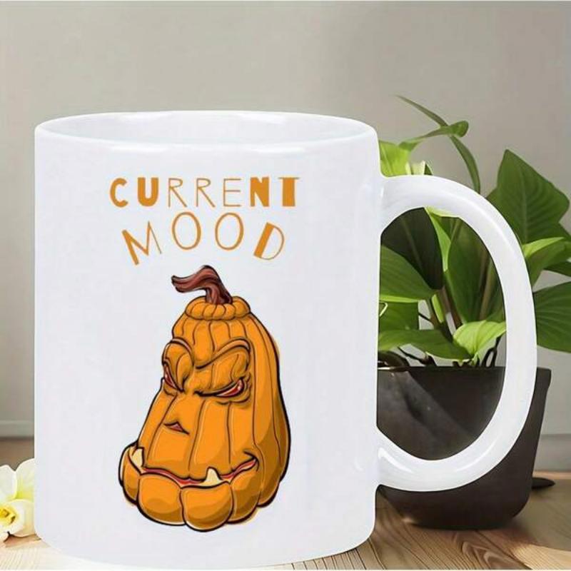 Tailorly White Ceramic 11 oz Mug - Current Mood Grumpy Grinning Halloween Jack-o-lantern Against A Clean White Background Pumpkin