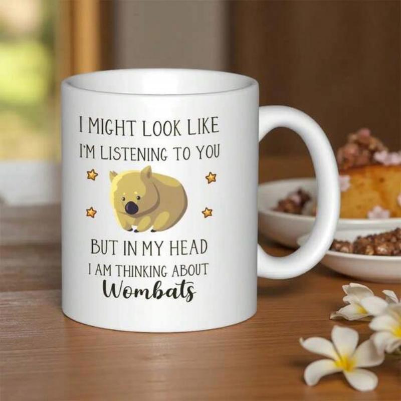 Tailorly White Ceramic 11 oz Mug - I Might Look Like Im Listening To You But In My Head I Am Thinking About Wombats Adorable Round Cartoon Wombat Resting