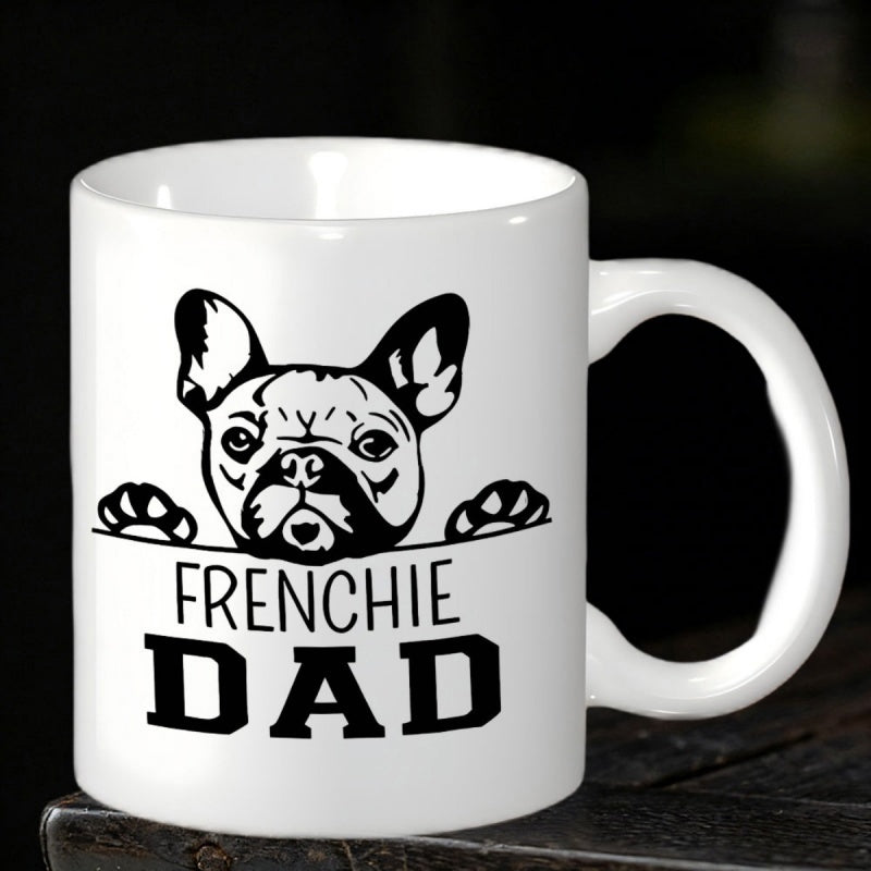 Tailorly White Ceramic 11 oz Mug - Frenchie Dad Minimalist Black Line Art Cute French Bulldog Peeking With Paws Over Edge Bulldog