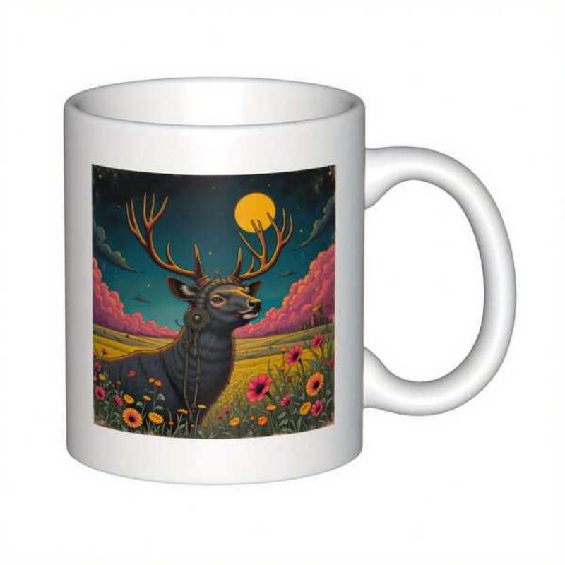 Tailorly White Ceramic 11 oz Mug - Majestic Wildflowers And Glowing Full Moon Surrounding A Stately Majestic Deer