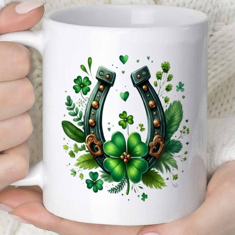 Tailorly White Ceramic 11 oz Mug - Vibrant Green Clovers And Lush Spring Leaves Surrounding A Lucky Horseshoe