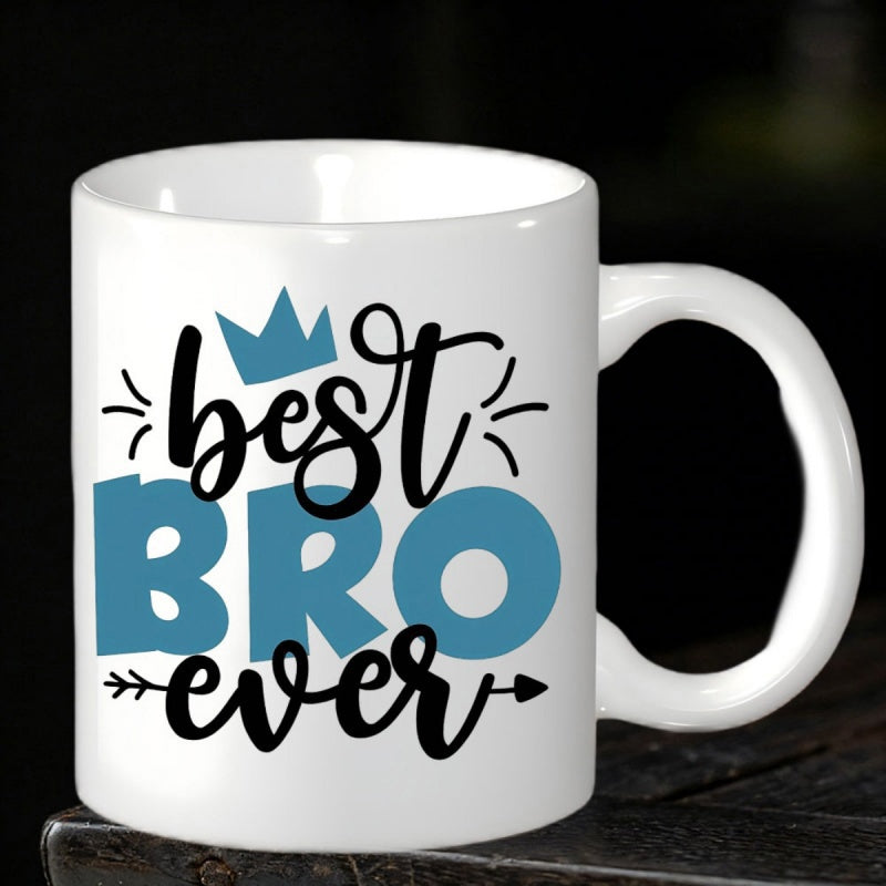 Tailorly White Ceramic 11 oz Mug - Best Bro Ever Stylized Bold Blue Lettering With Small Crown And Decorative Arrow Mug