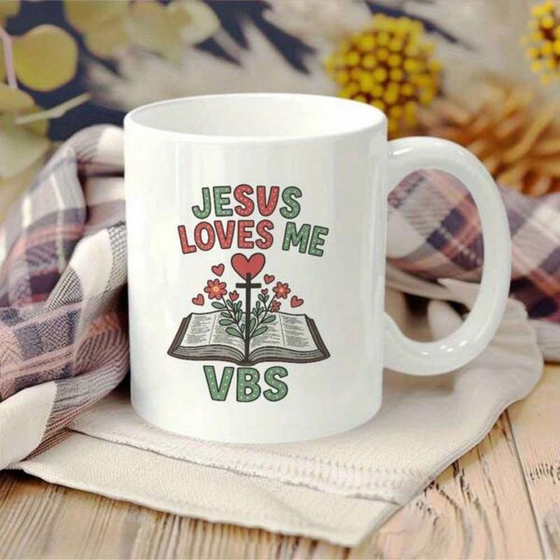 Tailorly White Ceramic 11 oz Mug - Jesus Loves Me Vbs Open Bible With Cross Flowers And Red Heart Book