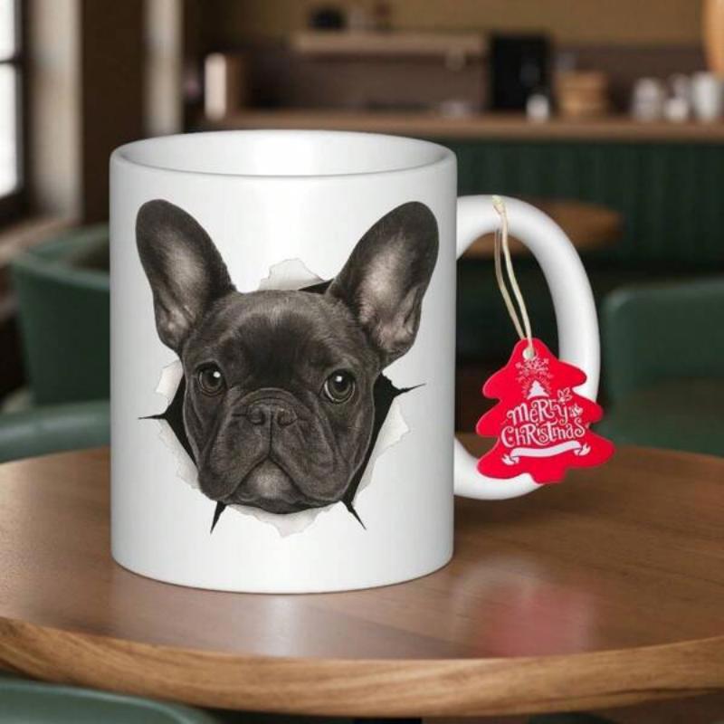 Tailorly White Ceramic 11 oz Mug - Merry Christmas Detailed Portrait Of A French Bulldog Peeking Through Cracked Surface French Bulldog