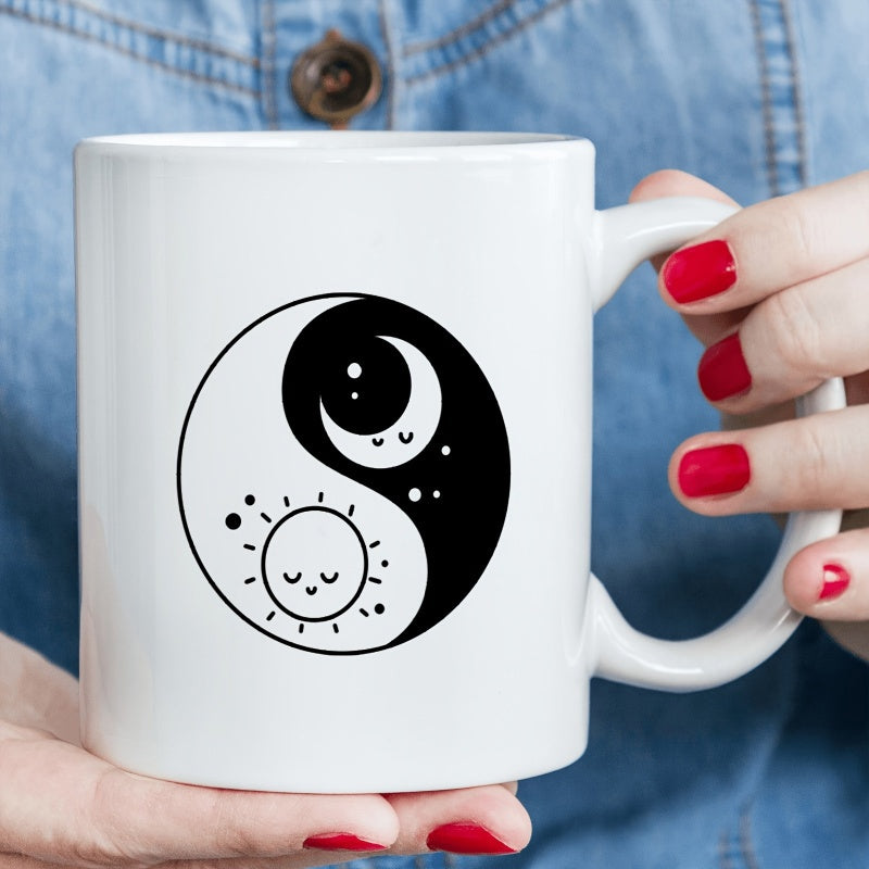 Tailorly White Ceramic 11 oz Mug - Celestial Yin Yang With Smiling Sun And Moon Surrounded By Stars Symbol