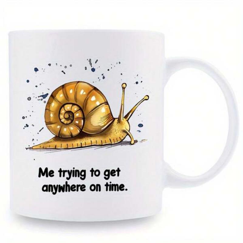 Tailorly White Ceramic 11 oz Mug - Me Trying To Get Anywhere On Time Hand Drawn Golden Snail Crawling With Ink Splatters On White Background Snail