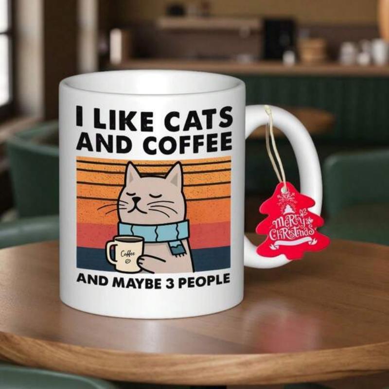 Tailorly White Ceramic 11 oz Mug - I Like Cats And Coffee And Maybe 3 People Retro Sunset Stripes With Scarf Wearing Kitten Holding Morning Beverage Cat
