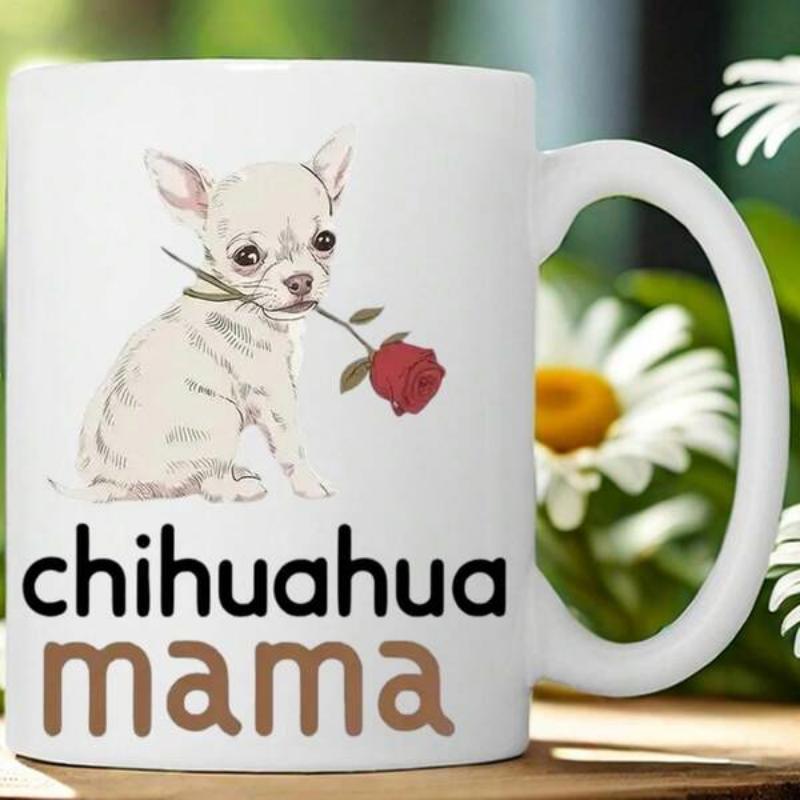 Tailorly White Ceramic 11 oz Mug - Chihuahua Mama Sweet Little Puppy Holding A Delicate Red Rose In Its Mouth Chihuahua