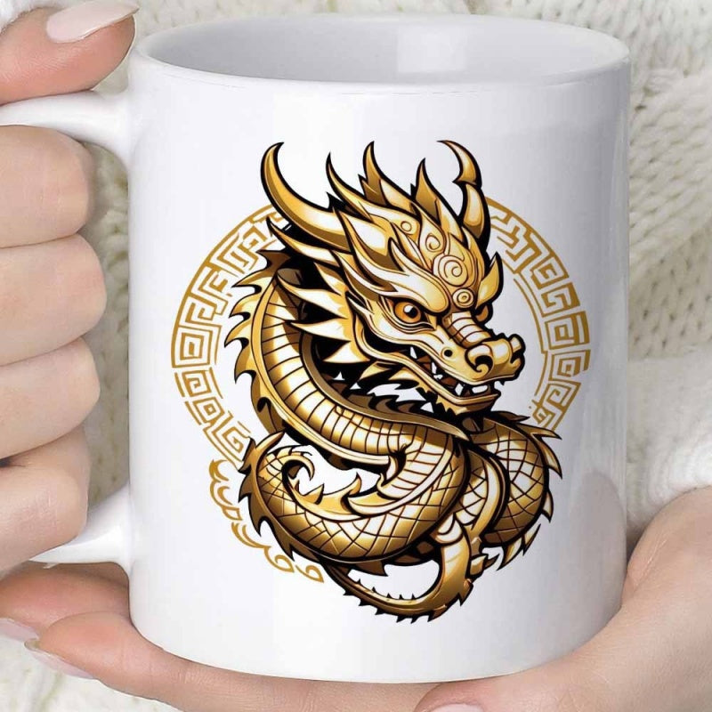 Tailorly White Ceramic 11 oz Mug - Golden Ornate Mythical Serpent Curled Within Traditional Geometric Border Dragon
