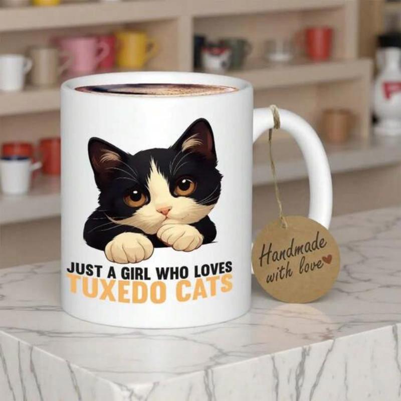 Tailorly White Ceramic 11 oz Mug - Just A Girl Who Loves Tuxedo Cats Charming Black And White Tuxedo Kitten Resting Paws On A Surface Cat