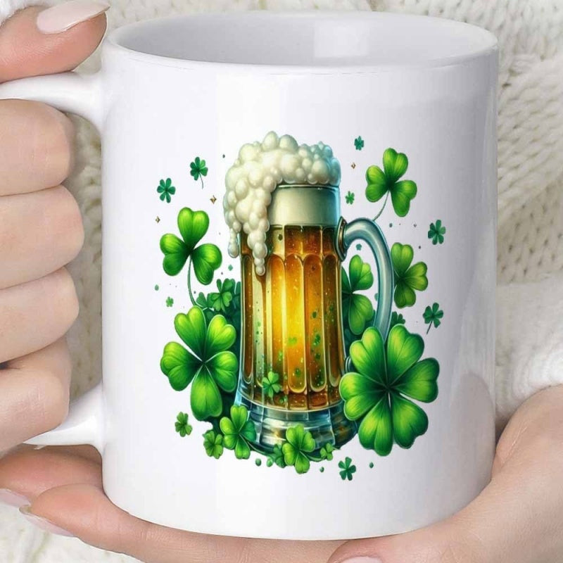 Tailorly White Ceramic 11 oz Mug - Golden Beer Mug With White Foam Among Green Lucky Four Leaf Clover