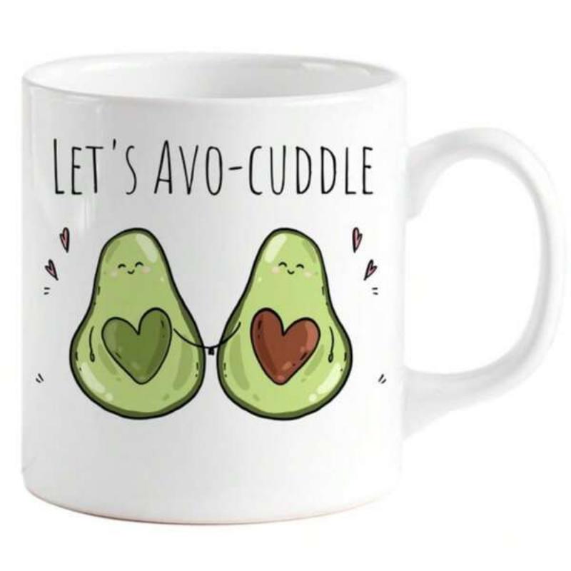 Tailorly White Ceramic 11 oz Mug - Lets Avo Cuddle Two Cute Smiling Avocados With Heart Pits Holding Hands Together Avocado