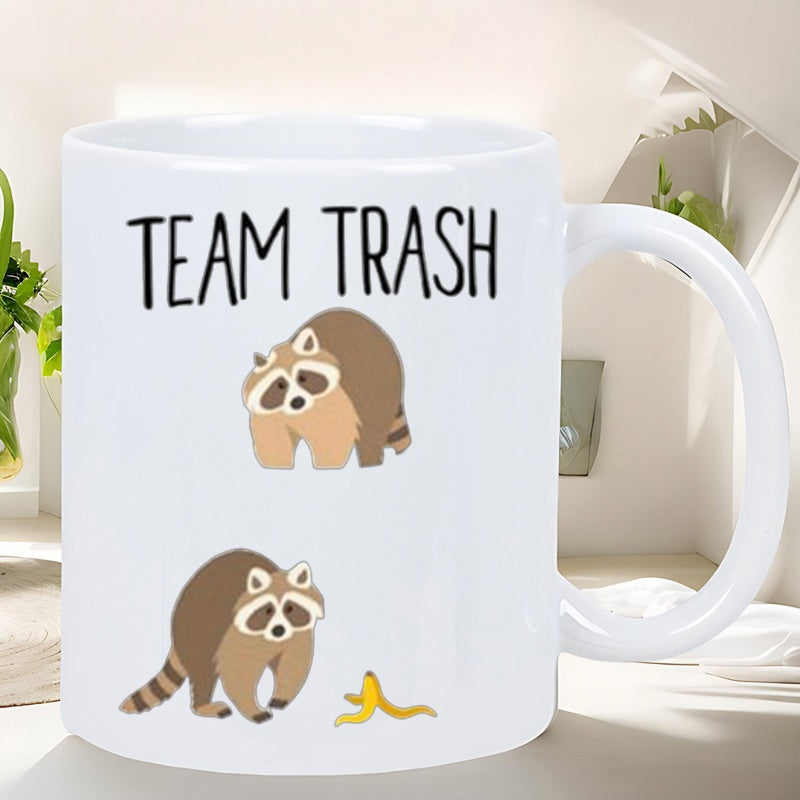 Tailorly White Ceramic 11 oz Mug - Team Trash Two Cute Hand Drawn Raccoons Playing Near A Yellow Banana Peel Raccoon