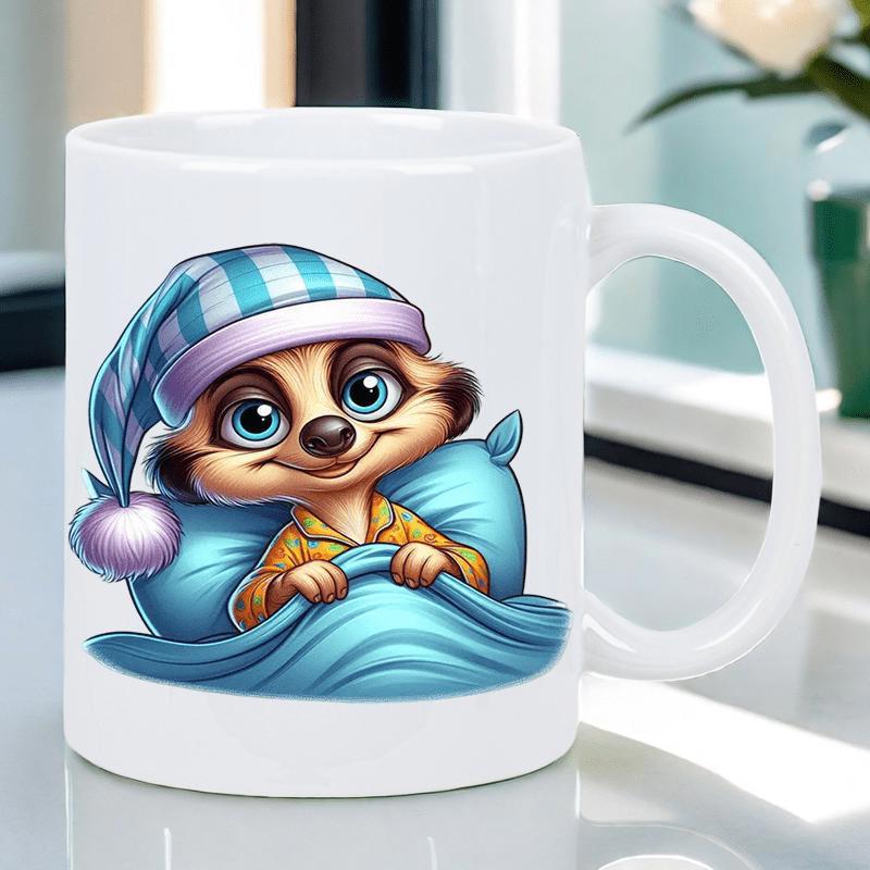 Tailorly White Ceramic 11 oz Mug - Adorable Cartoon Animal Wearing Nightcap Tucked Under Cozy Blanket Meerkat