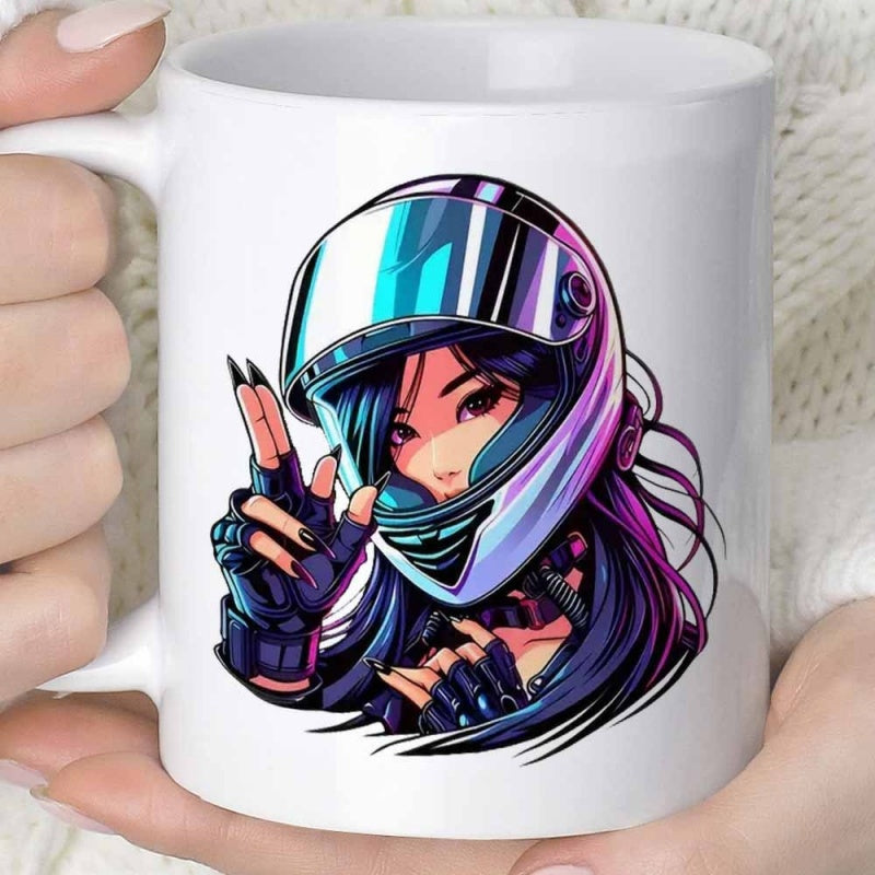 Tailorly White Ceramic 11 oz Mug - Cyberpunk Themed Character Wearing Reflective Racing Helmet With Flowing Hair Girl