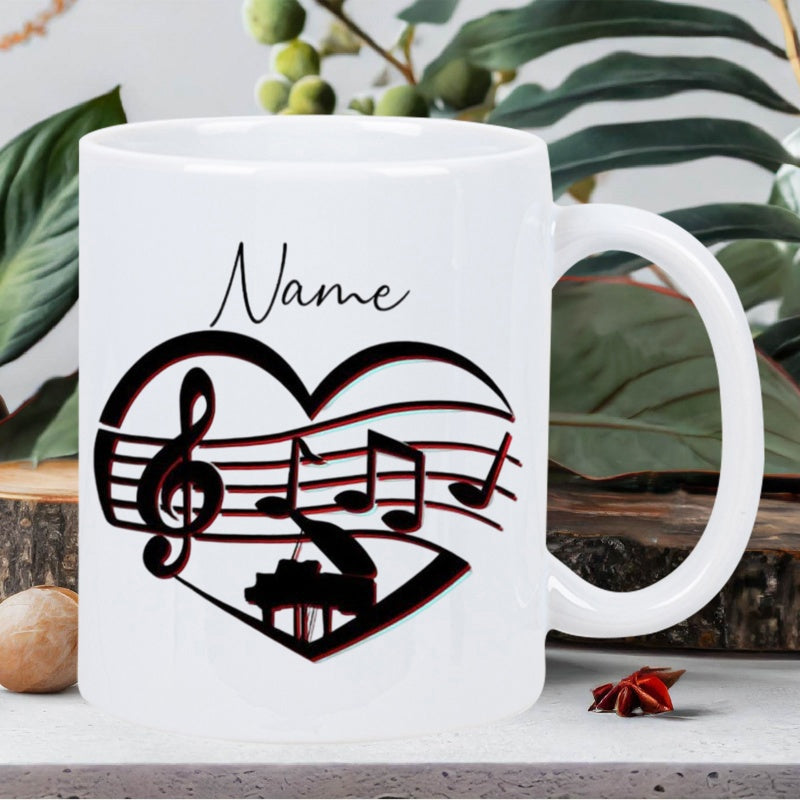Tailorly White Ceramic 11 oz Mug - Name Artistic Musical Notes And Grand Piano Within Elegant Silhouette Heart