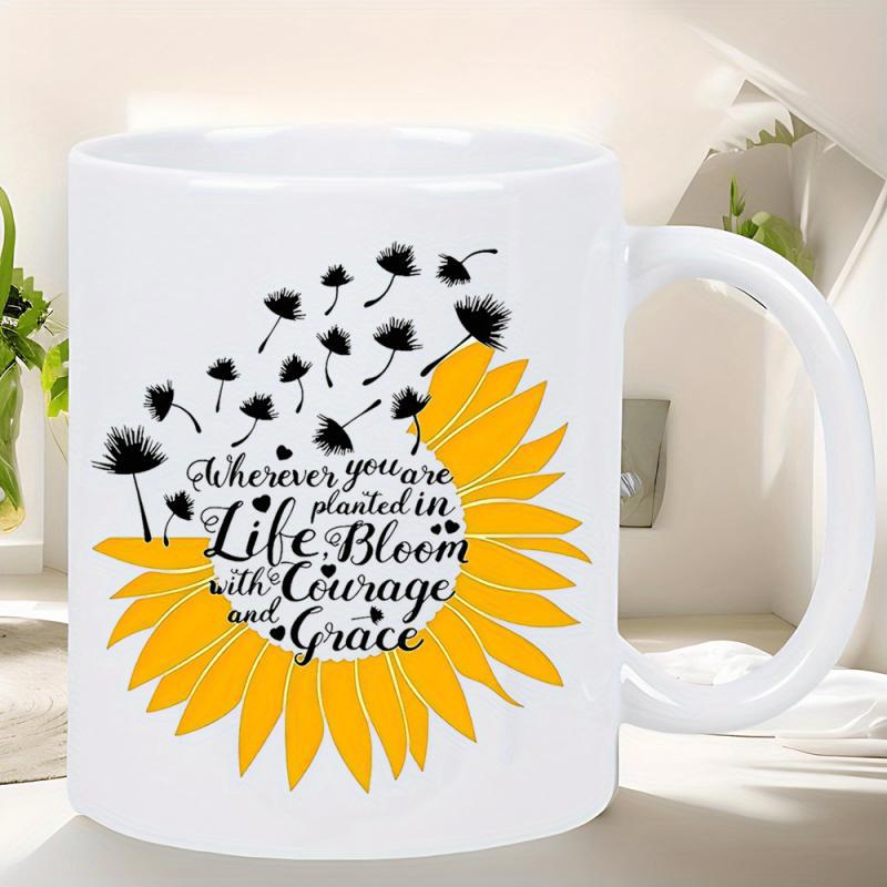 Tailorly White Ceramic 11 oz Mug - Wherever You Are Planted In Life Bloom With Courage And Grace Elegant Yellow Petals Merging With Blowing Black Dandelion Seeds