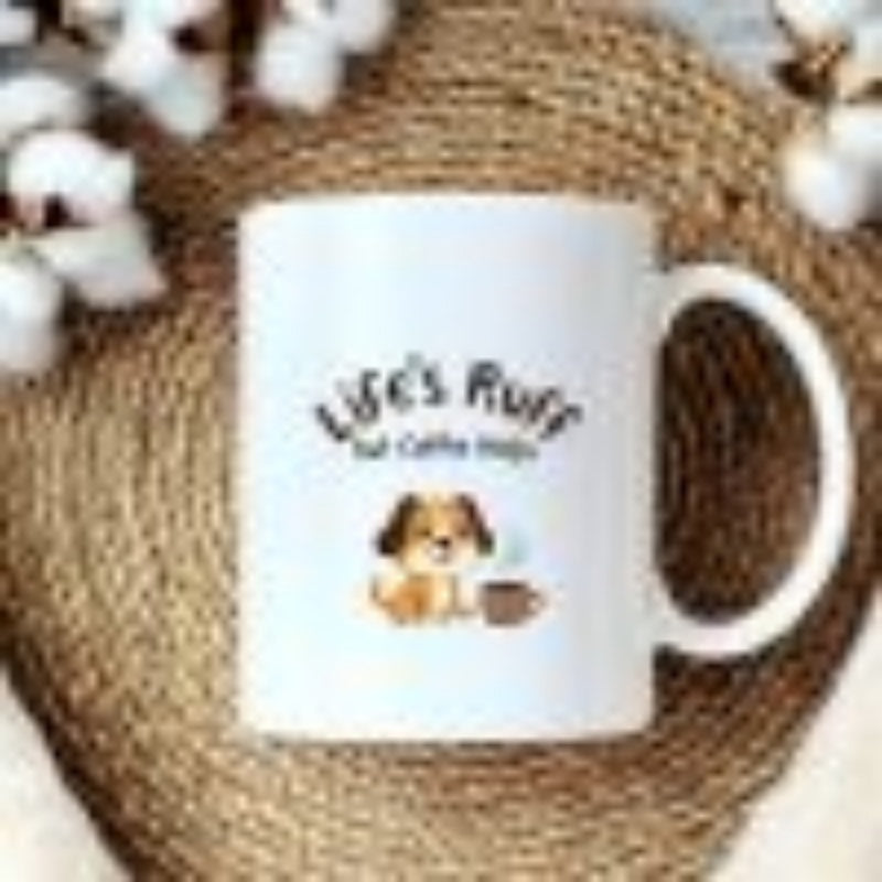 Tailorly White Ceramic 11 oz Mug - Life's Ruff But Coffee Helps Adorable Small Cartoon Dog Sitting Near A Steaming Hot Coffee Puppy