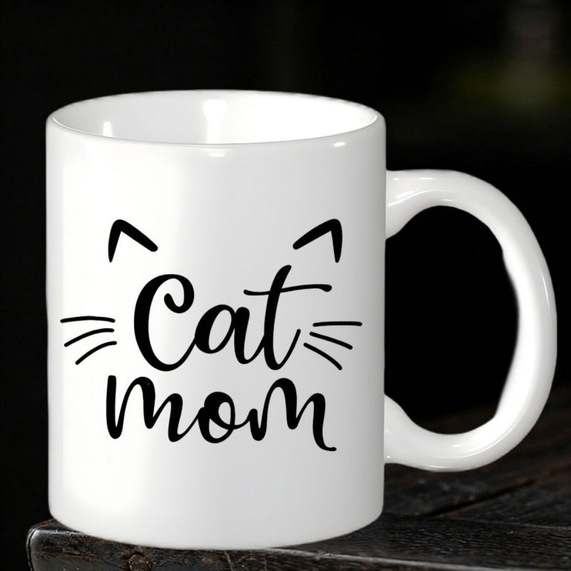 Tailorly White Ceramic 11 oz Mug - Cat Mom Minimalist Black Outlines Featuring Cute Whiskers And Playful Pointed Ears Cat