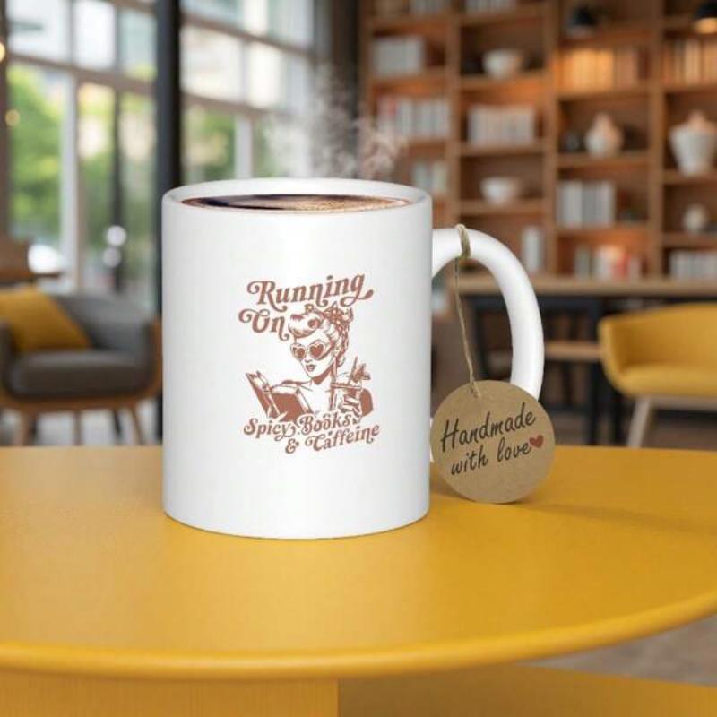 Tailorly White Ceramic 11 oz Mug - Running On Books And Coffee Vintage Woman Wearing Sunglasses Reading Books And Holding Warm Delicious Coffee Mug