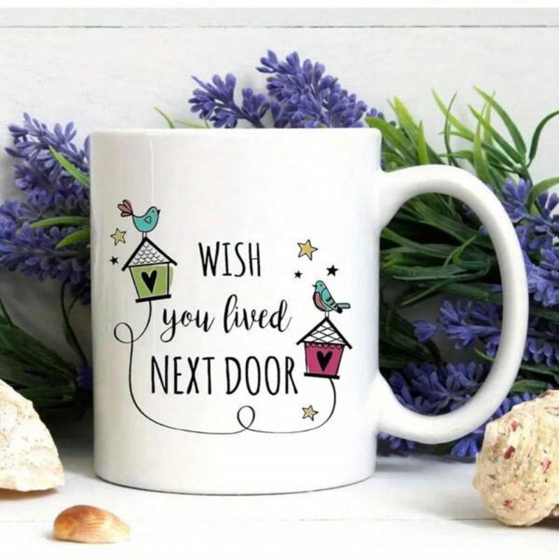 Tailorly White Ceramic 11 oz Mug - Wish You Lived Next Door Small Birds Perched Atop Charming Birdhouses Under Little Golden Stars Birdhouse
