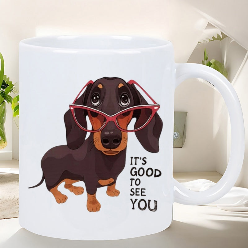Tailorly White Ceramic 11 oz Mug - Its Good To See You Adorable Brown Sausage Dog Wearing Trendy Pink Glasses Sitting Gracefully Dachshund