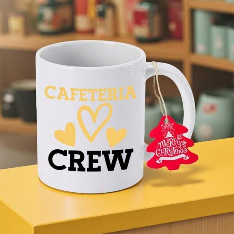 Tailorly White Ceramic 11 oz Mug - Cafeteria Crew Minimalist Yellow Hearts Featuring Bold Black Text Printed Ceramic Mug