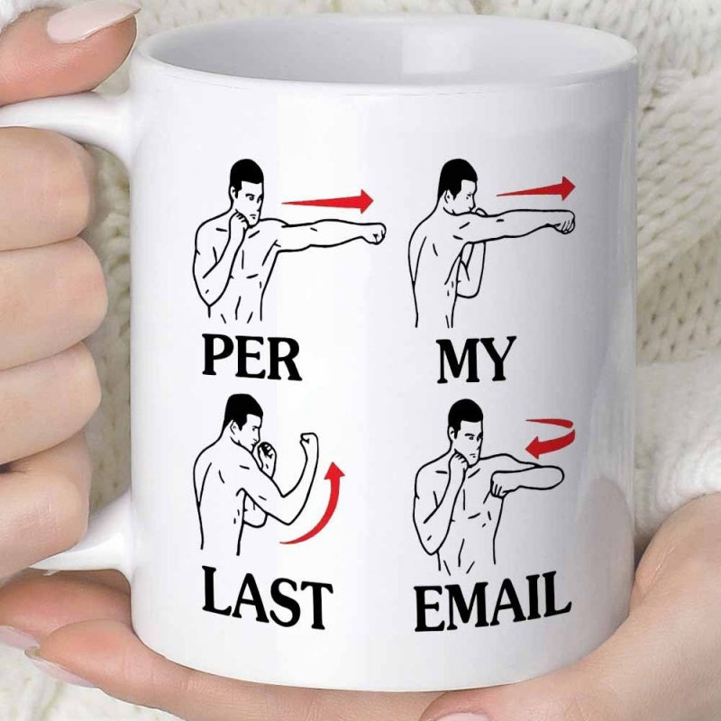 Tailorly White Ceramic 11 oz Mug - Per My Last Email Four Panels Showing A Muscular Boxer Practicing Various Strikes With Red Motion Arrows Boxer