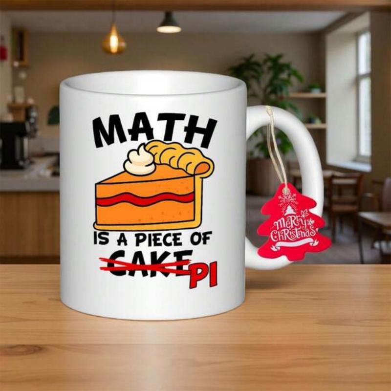 Tailorly White Ceramic 11 oz Mug - Math Is A Piece Of Pi Delicious Slice Of Golden Dessert With Whipped Cream Topping Cake
