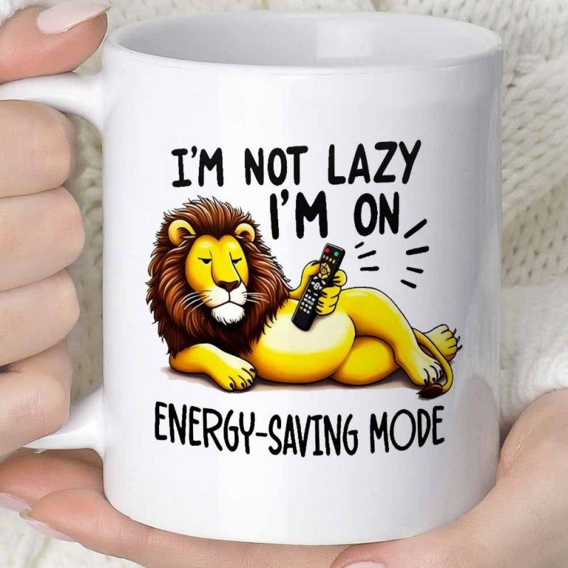 Tailorly White Ceramic 11 oz Mug - Im Not Lazy Im On Energy Saving Mode Relaxed Cartoon Lion Lying Down Holding A Remote Control Lion