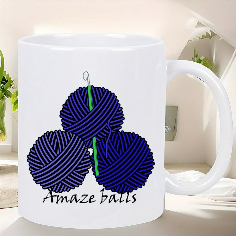 Tailorly White Ceramic 11 oz Mug - Amaze Balls Three Deep Blue Yarn Balls Pierced By Green Crochet Hook Yarn
