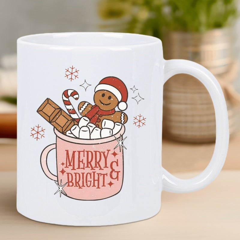 Tailorly White Ceramic 11 oz Mug - Merry Bright Festive Cup Filled With Marshmallows And A Sweet Smiling Gingerbread Man
